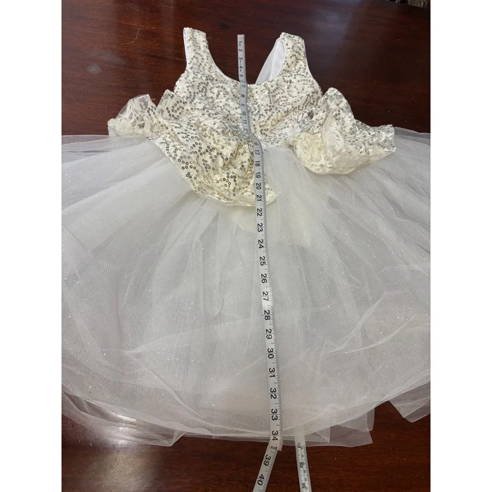 Weissman Kids Dance Costume Dress L White Gold Sequin Ballet Tutu Fairy Princess